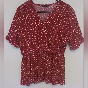 Shein Women's Top Size L Red White Hearts V-Neck Pullover Blouse Short Sleeve